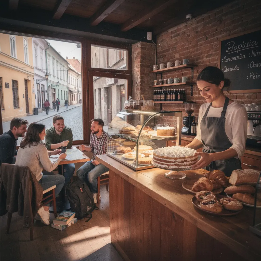 Un vânzător zâmbitor oferind delicatese românești către turiști curioși.