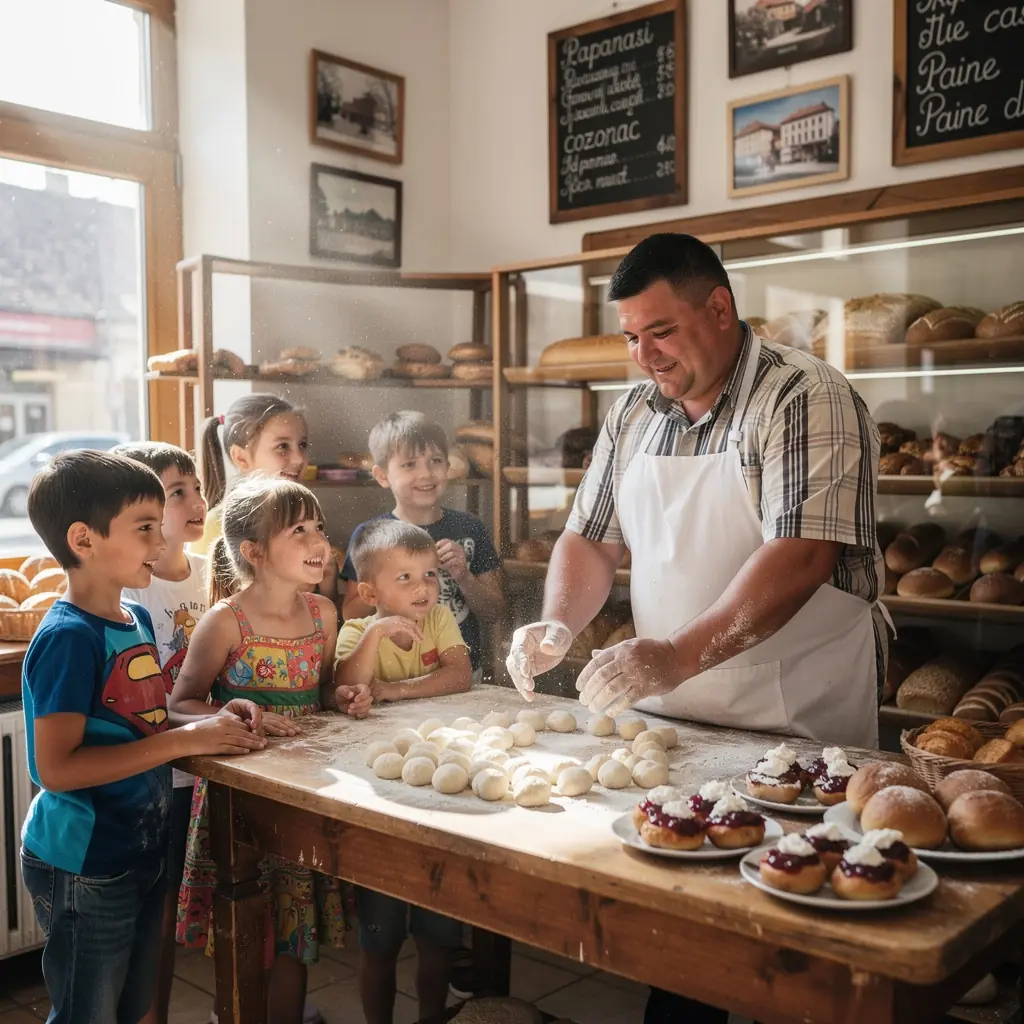 Turisti degustând mâncăruri tradiționale la un stand de piață dintr-un sat românesc.